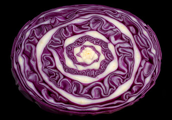 Fototapeta premium Purple Cabbage Cross-Section with Intricate Patterns and High Contrast Macro Photography