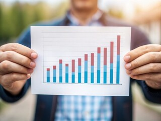 Tariffs and partnership strengthen trade agreements concept. A man holds a chart showing increasing trends in a business presentation.