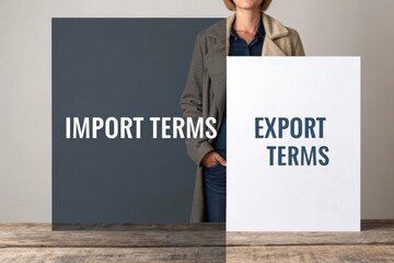 Tariffs and partnership strengthen trade agreements concept. A person holds signs labeled "Import Terms" and "Export Terms" against a neutral background.