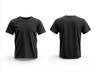 Blank Black T-Shirt Mockup Front and Back Views. Realistic T-Shirt Template Isolated on White Background. Unisex Plain Black Tee Shirt Apparel Mockup Design