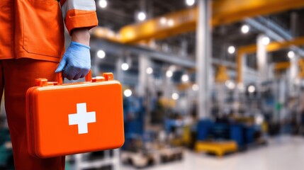 Medical professional holding a first aid kit in a busy industrial warehouse setting