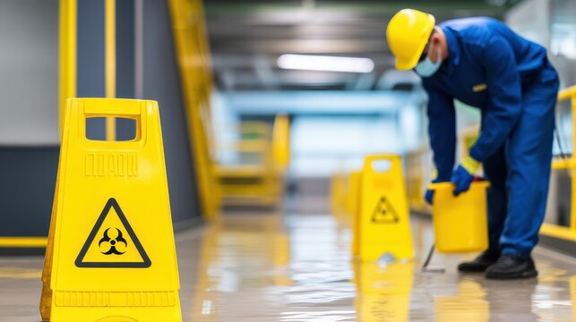 Worker in protective gear cleaning a biohazard spill in a modern industrial facility