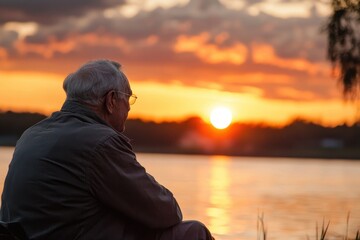 Fototapeta premium Elderly man enjoys a tranquil sunset by the water, reflecting on the day's end in peaceful surroundings, Elderly man watching sunset by water