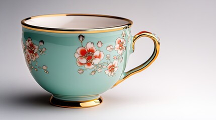 Ultra-detailed macro of a porcelain teacup with a gold rim and floral design, hyper-detailed clarity on an immaculately white background.