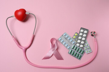 stethoscope, large pile of multi-colored pills in blister pack disposable , close-up, side view