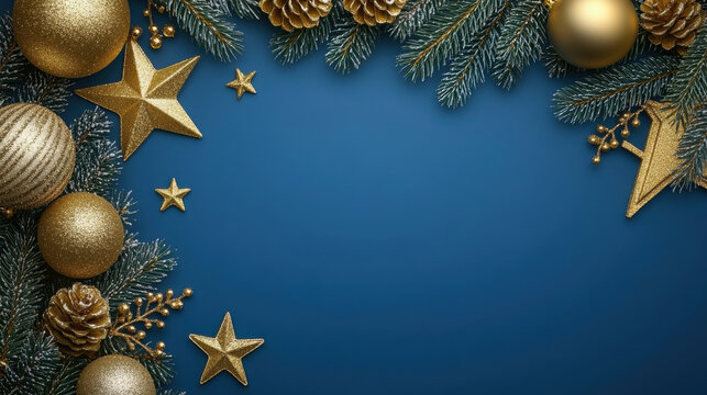 [Christmas personalized holiday greetings] Minimalist Christmas Wreath Background with Golden Ornaments & Space for Personalization