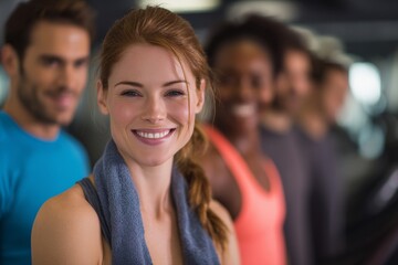 Obraz premium A group of happy friends celebrate their fitness goals together after a successful workout in the gym.