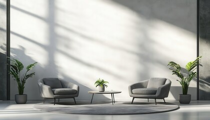 Modern minimalist waiting area with comfortable seating and plants