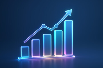 3D glowing neon bar chart with rising arrow on dark background, futuristic financial growth graph for business success, analytics, economic data, investment performance, and digital marketing trends

