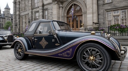 Elegant Vintage Convertible Car Parked Outside Grand Building
