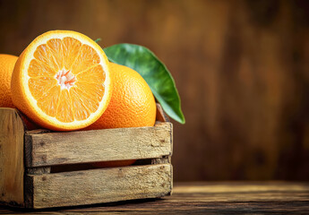 [Fresh Oranges in Wooden Crate on Brown Background] Wooden crate with halved oranges against rustic dark brown background