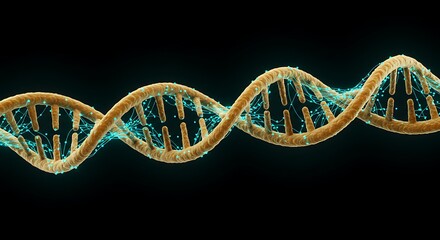 Symbolic image of a DNA double helix, suspended in a space around it, as if floating. Luminous strands connect to the nitrogenous bases, and a faint glow radiates from the structure.