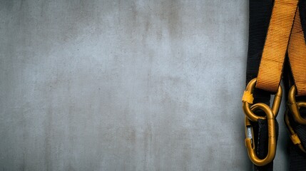 Naklejka premium Close-up of yellow safety harness straps and carabiners against a textured concrete wall