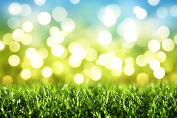 Obraz premium Springtime bokeh effect on lush green grass. Blurred vibrant lights in the background, creating a cheerful mood