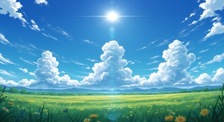 Fototapeta premium Green Field with Flowers and Clouds under a Bright Blue Sky