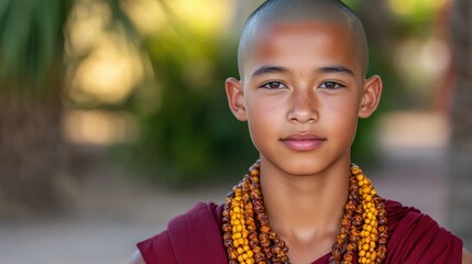 Young monk close-up with intricate prayer beads, peaceful but powerful expression.