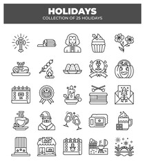 Collection of 25 Holidays. Festive Icons and Line Art