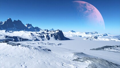 Surreal Ice Mountains and Frozen Lake on Alien Planet with Distant Gas Giant.