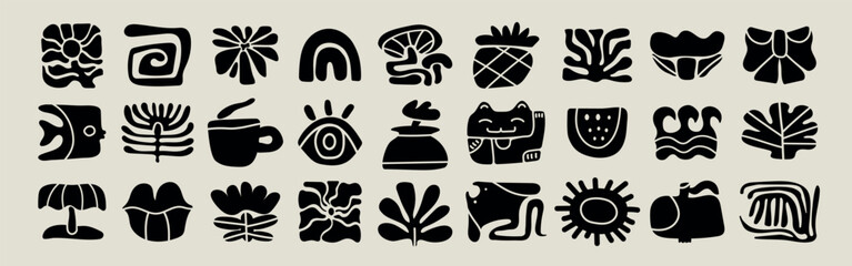 Trendy retro 70s-inspired groovy floral Matisse-style summer elements with leaf shapes, flowers, fish, fruit, rainbow, sea and sun. A vibrant blend of organic shapes and modern design. Vector. 