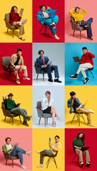 Colorful Home Office Setups. People working with gadgets in chairs expressing digital lifestyle...