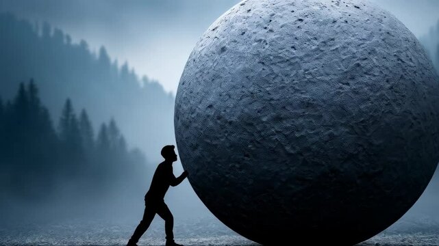 Silhouette of a person pushing a large sphere across rocky terrain with a hazy forest background.