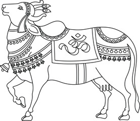 Holy cow in Kalamkari Indian traditional folk art on linen fabrics. It can be used for a coloring book, textile/ fabric prints, a phone case, greeting card. logo, calendar	
