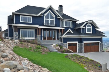 Modern, luxurious home with dark blue exterior, situated on a hillside.  Large windows, stone accents, and wooden front door.  Landscaped yard with rocks and grass