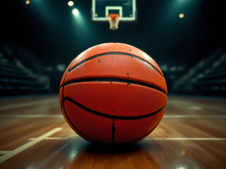 Obraz premium Photo of Basketball on Polished Indoor Court with Cinematic Lighting – Ideal for Sports Advertising, Editorials, or Athletic Brand Campaigns