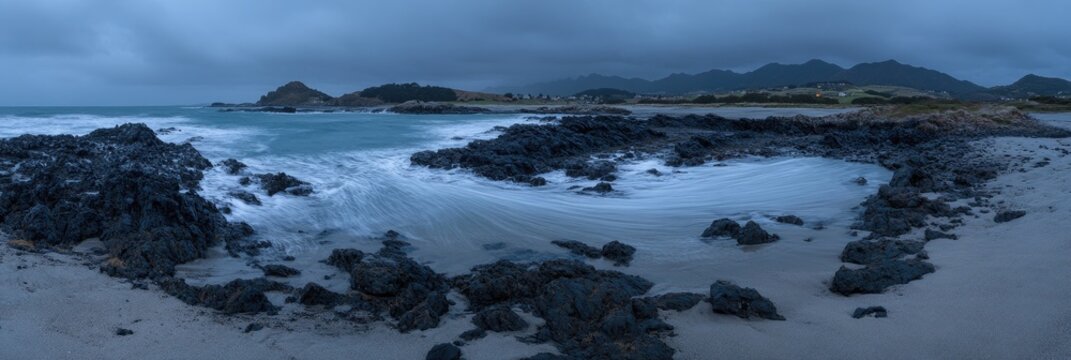 Coastal rocks and waves at dusk