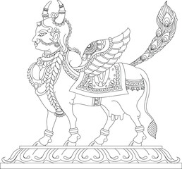 Kamadhenu also known as Surabhi is a goddess in Hinduism. a white cow with a female head and breasts, the wings of a bird, and the tail of a peafowl.