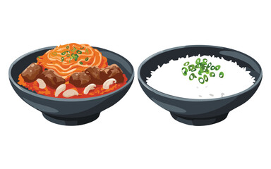 Bowl of Rice and Bowl of BBQ Beef and Kimchi - Vector Illustration