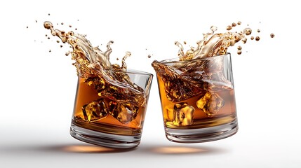 Whiskey splash mockup alcohol cheers isolated glass collision freeze drink splash background white
