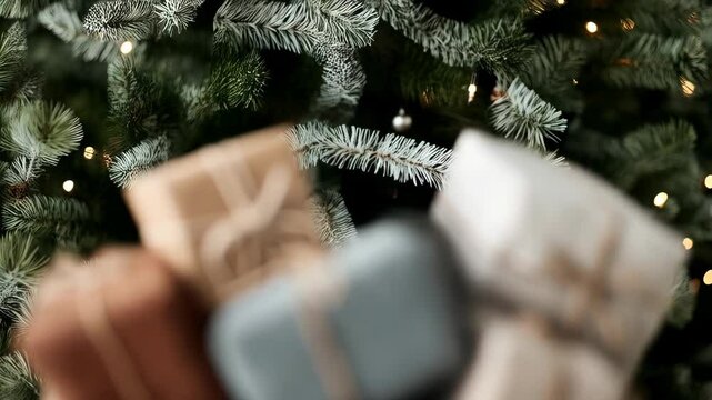Festive holiday season: Collection of wrapped gifts arranged in woven basket with blurry Christmas tree and bokeh lights as background.