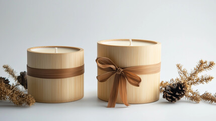Sustainable luxury candle packaging in handcrafted bamboo, natural fiber ribbon, earthy tones, white background