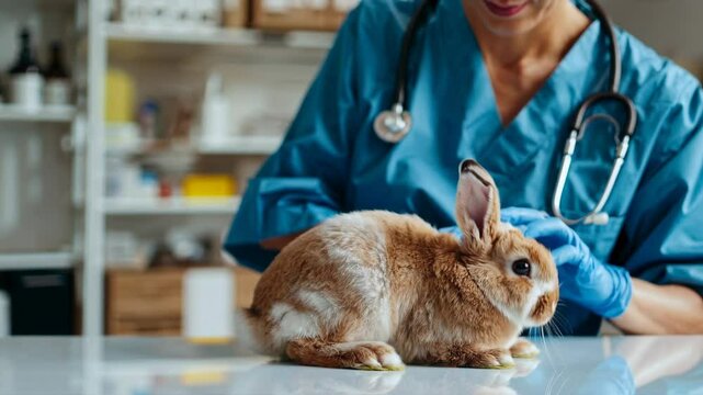 veterinarian examining a rabbit with blue gloves