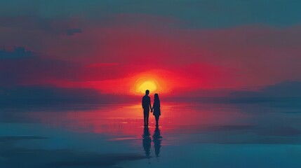 Fototapeta premium Silhouetted Couple at Sunset, Holding Hands by the Lake's Edge