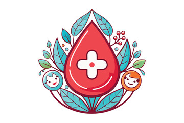 blood drop design featuring a red medical cross, surrounded by happy faces, plants, and vibrant elements, symbolizing the importance of donation, blood donor day