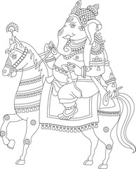 Lord Ganesha is traditionally depicted riding his vahana, the mouse, some artistic interpretations portray him on a horse. In the old Kalamkari style
