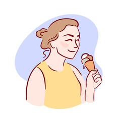 A joyful young woman indulges in a delicious ice cream cone, savoring the moment. Her cheerful expression captures the essence of summer fun and enjoyment