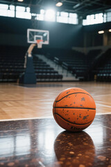 Naklejka premium Photo of Basketball on Polished Indoor Court with Cinematic Lighting – Ideal for Sports Advertising, Editorials, or Athletic Brand Campaigns