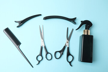 Scissors for hairdressing and hairdressing accessories in the hairdressing salon, Professional tools for haircuts in the hairdressing salon. The concept of a hairdresser