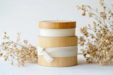Sustainable luxury candle packaging in handcrafted bamboo, natural fiber ribbon, earthy tones, white background