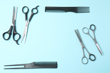 Scissors for hairdressing and hairdressing accessories in the hairdressing salon, Professional tools for haircuts in the hairdressing salon. The concept of a hairdresser