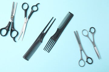Scissors for hairdressing and hairdressing accessories in the hairdressing salon, Professional tools for haircuts in the hairdressing salon. The concept of a hairdresser