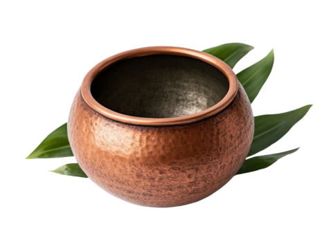 Copper bowl with green leaves for decorative use in home design, cut out