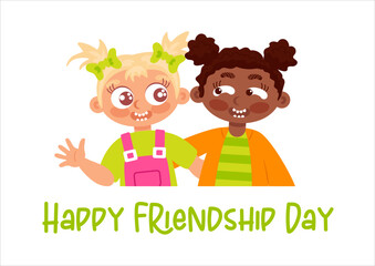 Cheerful Happy Friendship Day vector illustration featuring two playful girls a a black girl and a blonde laughingly embracing each other, symbolizing friendship s joy and diversity.