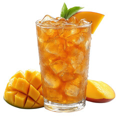 Refreshing mango iced tea recipe summer drink with fresh fruit and ice cubes for healthy lifestyle...