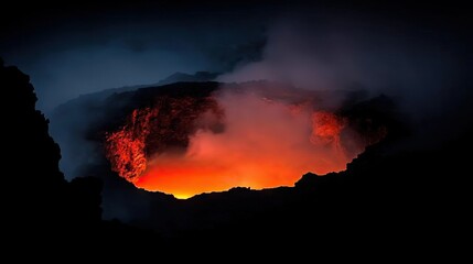 Fototapeta premium Fiery crater of a volcano at night, glowing with molten lava.