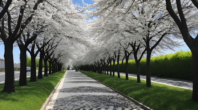 Un cartel blanco limpio en una tranquila calle suburbana rodeada de cerezos en flor en primavera