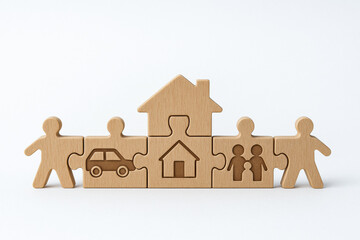Life and health insurance concept with wooden puzzle pieces showing family house and car protection for security and peace of mind
